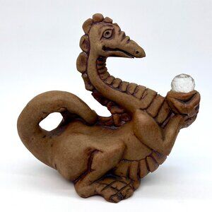 1986 Handmade Stoneware Dragon Sculpture With Crystal Ball